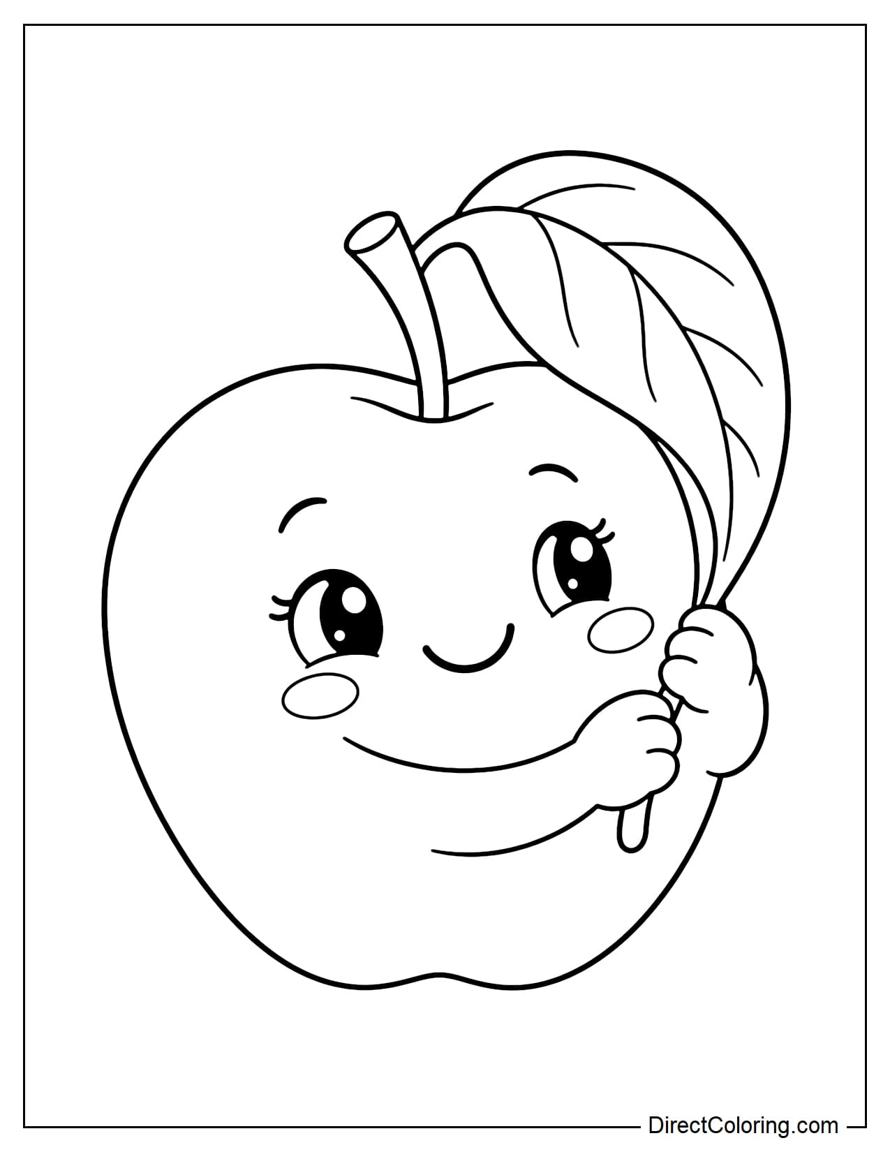 A large cute apple using both arms to hug the big leaf growing from its own stem, with the leaf curving down to one side and a sweet smiling face.