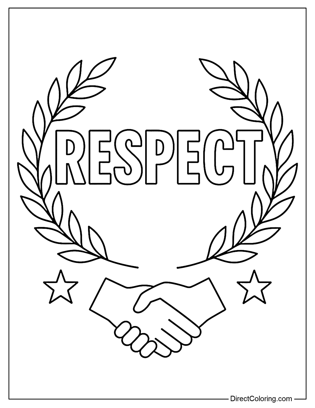 The coloring page with the word Respect written in clear capital letters, located inside a balanced laurel wreath made from two simple olive branches. Below the word is an image of two hands clasped together, symbolizing respect and connection.