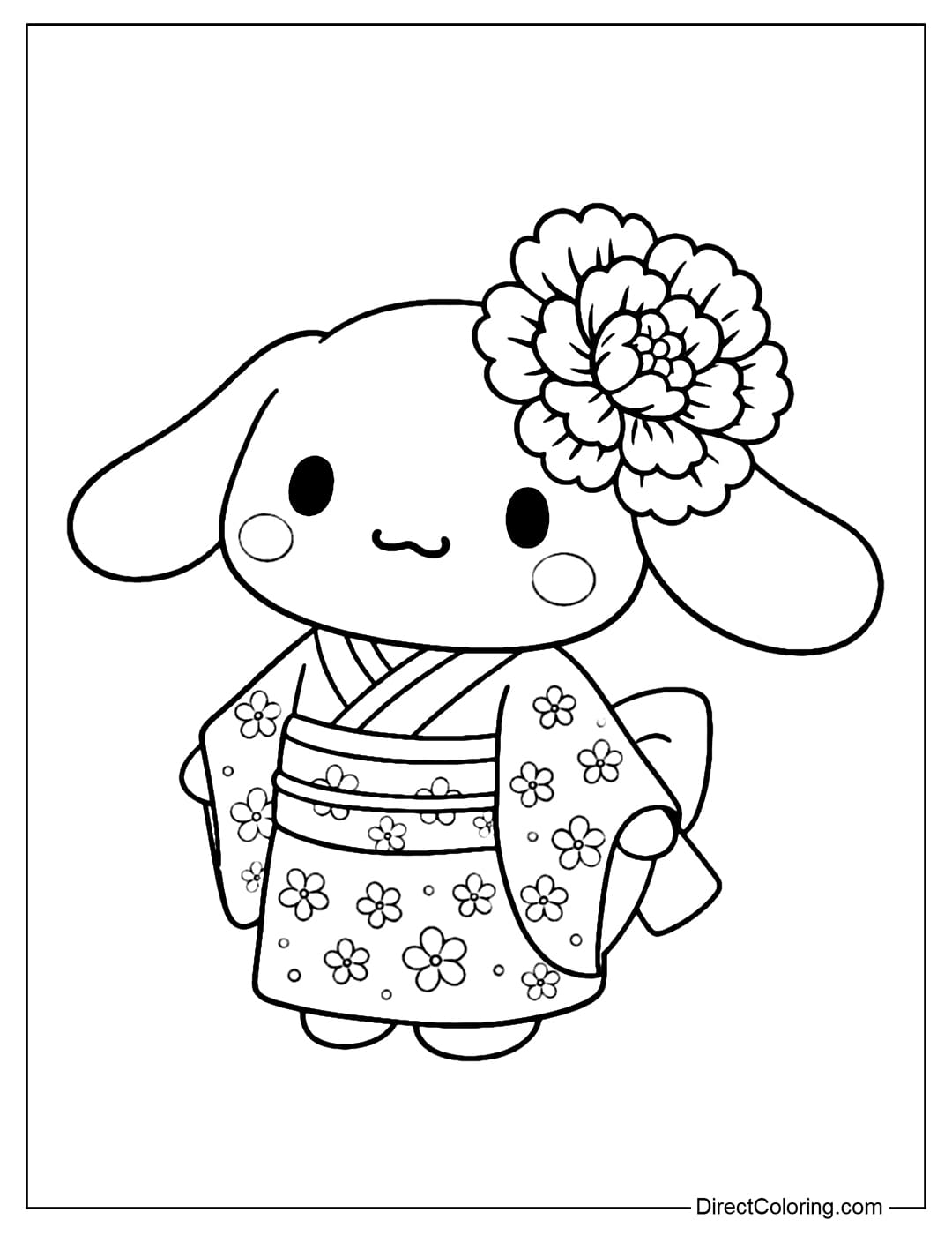 A coloring page featuring Cinnamoroll wearing a traditional kimono and a large flower on her head.