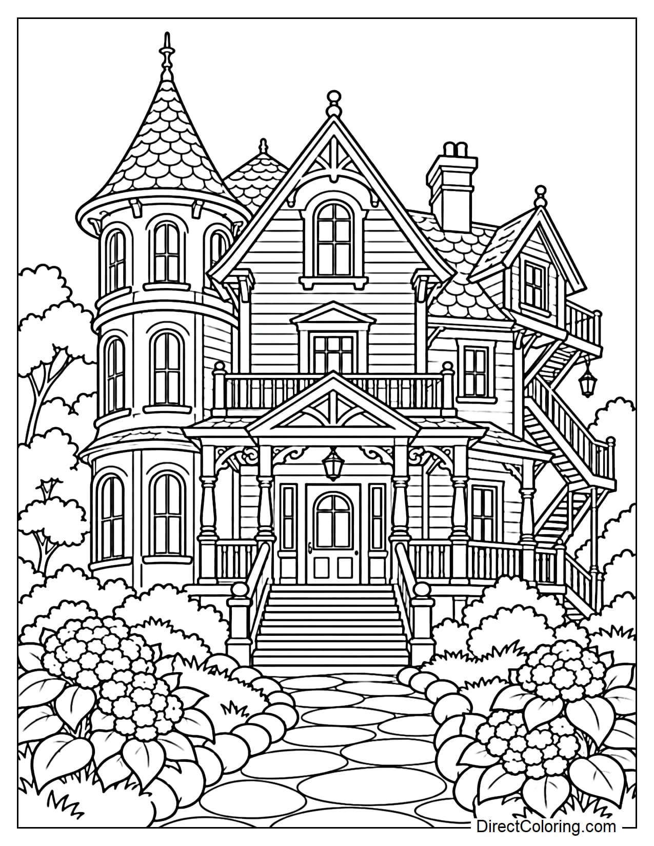 The Pink Palace is shown from the front with its distinctive tall, unusual architecture, surrounded by a few large flower bushes, gently curving trees, and a path leading toward the house.