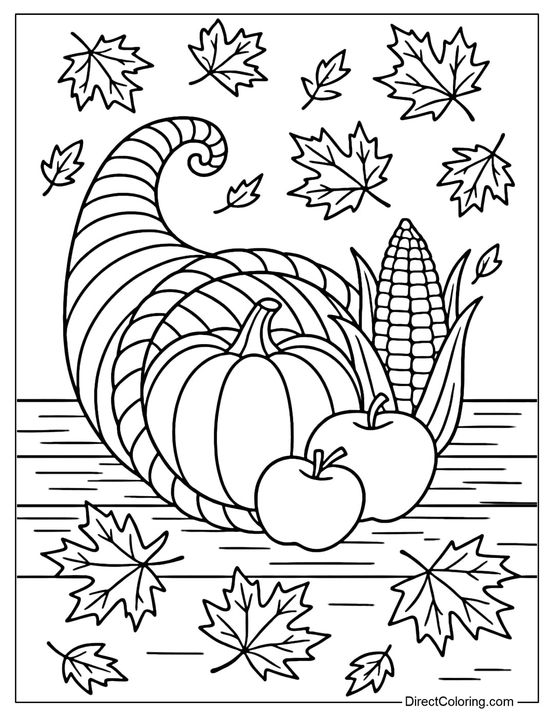 Cornucopia coloring page filled with pumpkins, apples and corn, placed on the Thanksgiving table.