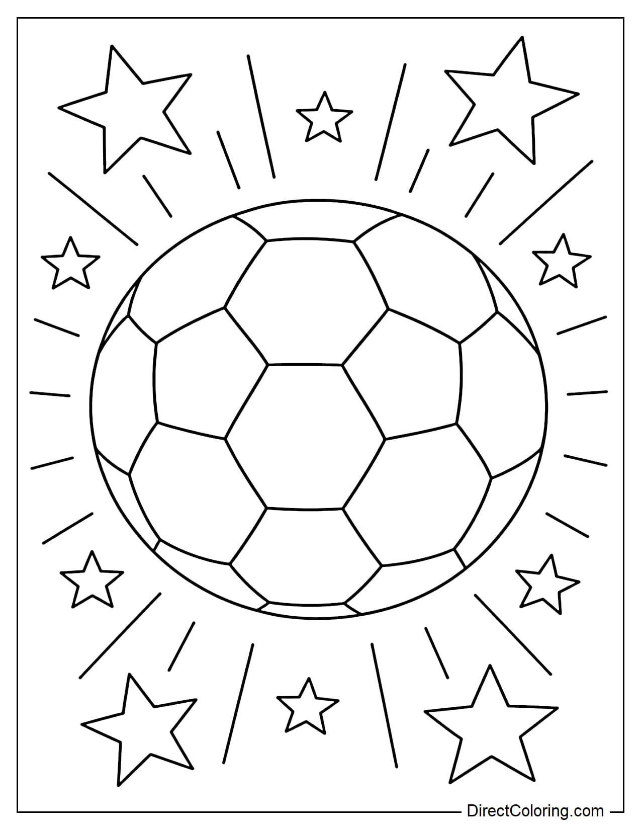 A large, classic soccer ball in the center with distinct pentagonal and hexagonal patterns, surrounded by a few stars and rays of light.