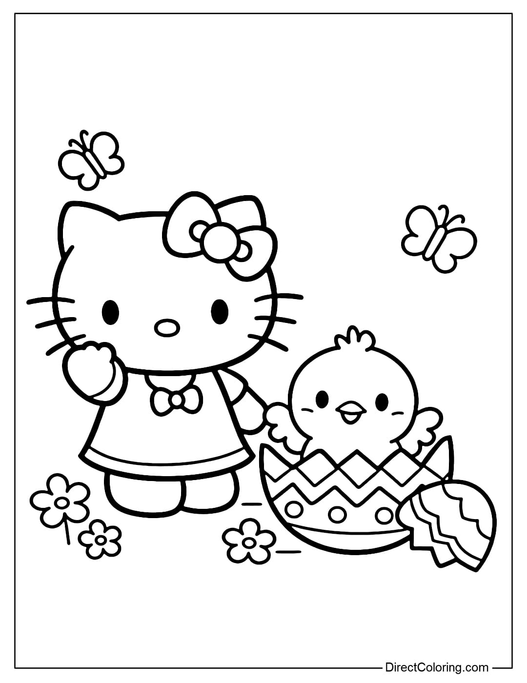 Hello Kitty is standing next to a small chick hatching from an Easter egg.