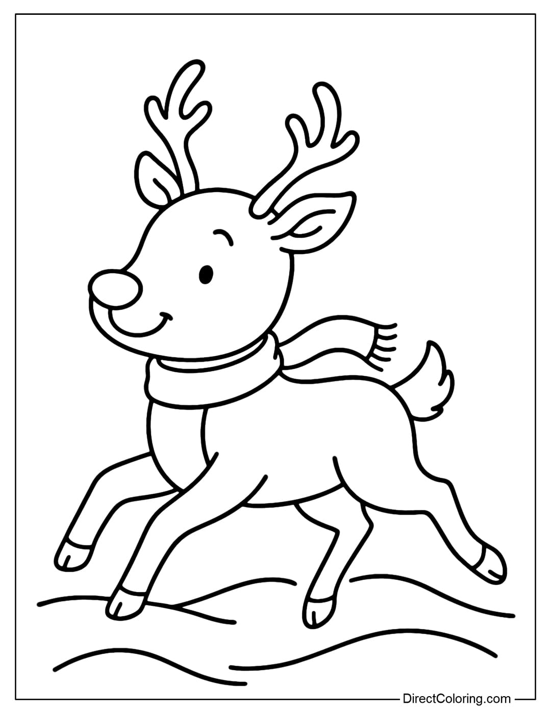 Running Reindeer Coloring Page A coloring page of a reindeer running gently through the snow, its horns gracefully curved.