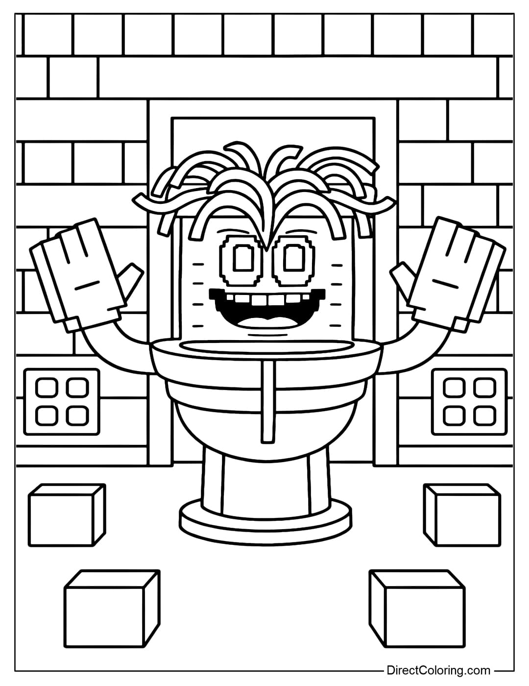 Spaghetti Tualetti coloring page standing in a puzzle room, a simple lego door behind.