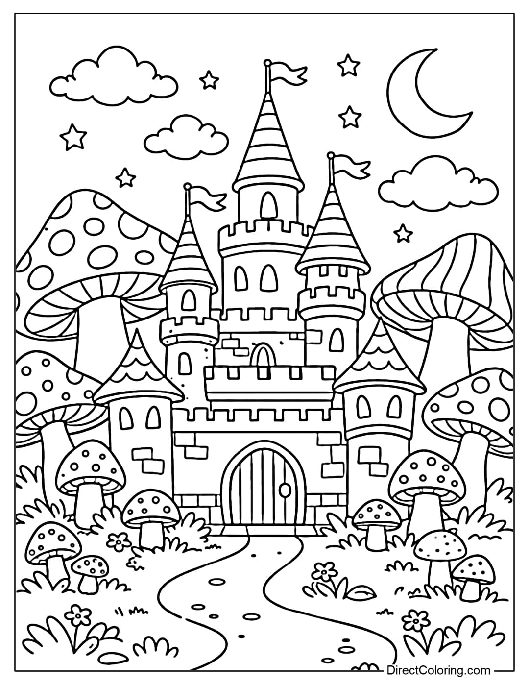 A coloring page featuring a magical castle nestled among adorable giant mushrooms.
