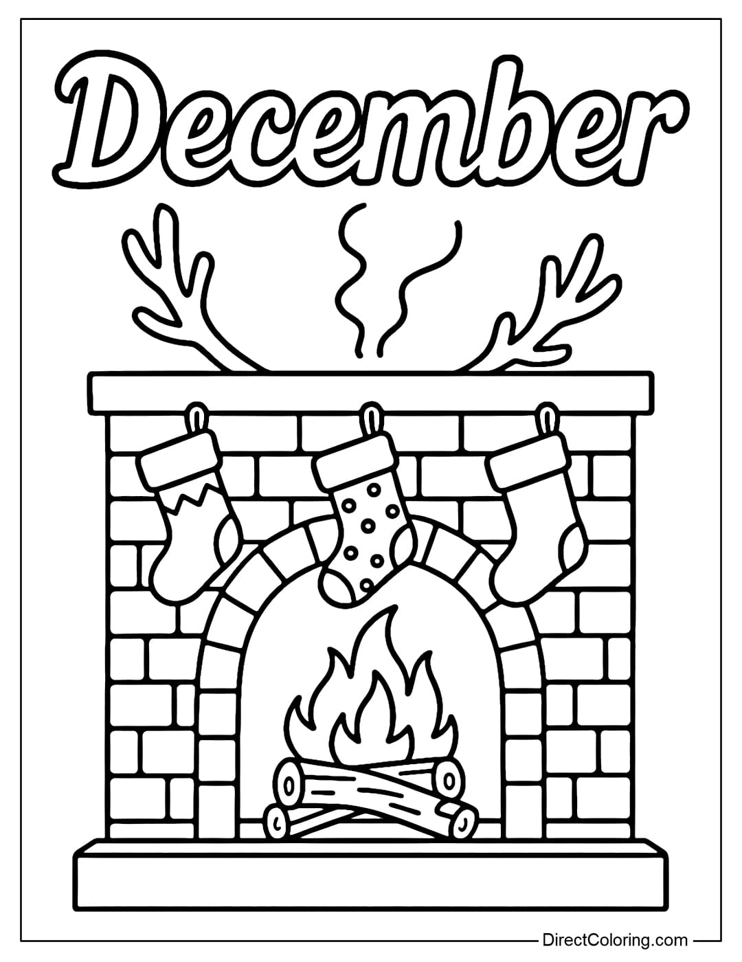 A winter fireplace coloring page with hanging stockings and warm smoke, with the word December written on the wall above.