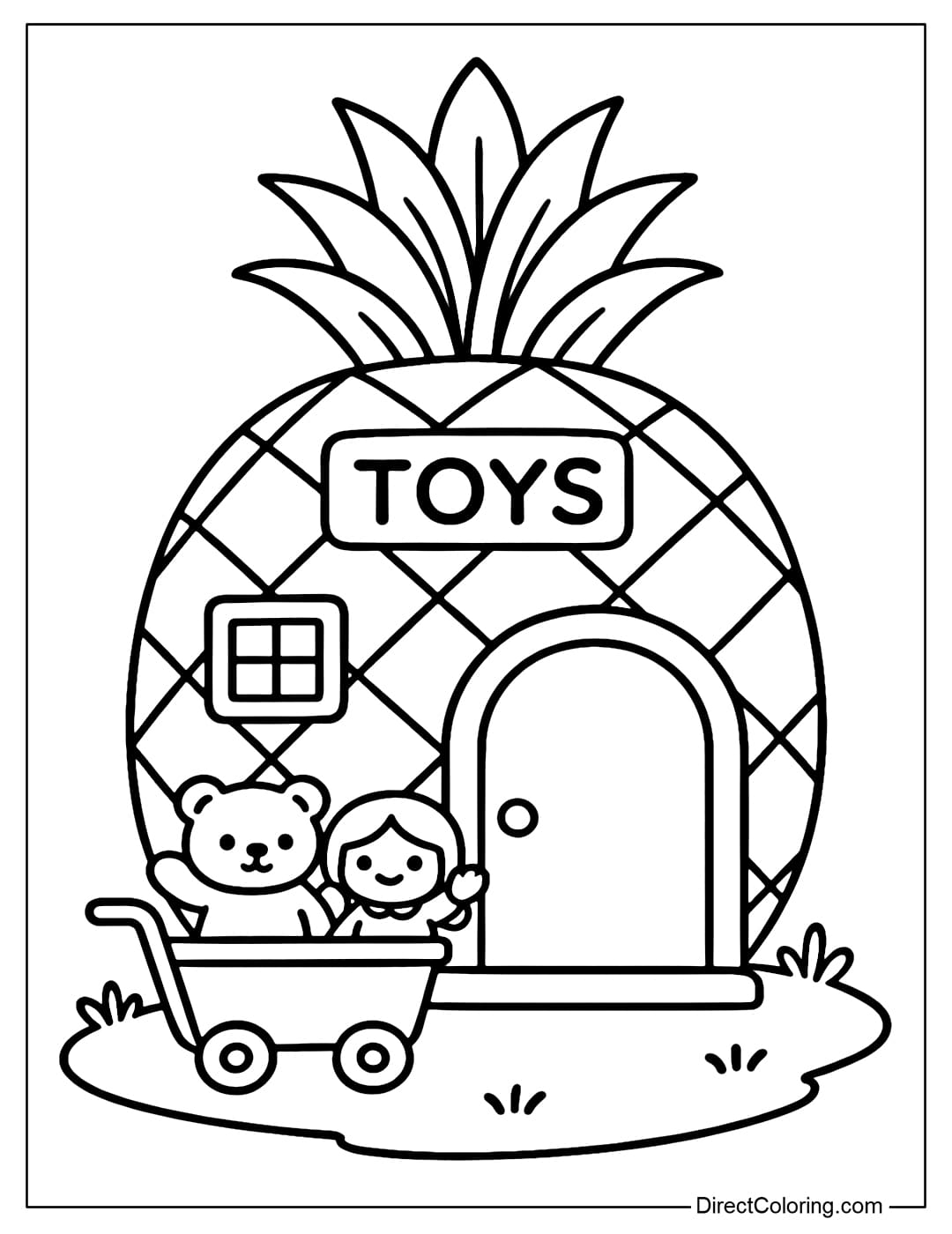 Pineapple Toy Store Coloring Page A pineapple toy shop coloring page, with a small square window on the body. A mini toy cart is placed in front of the door, with bears and dolls waving.