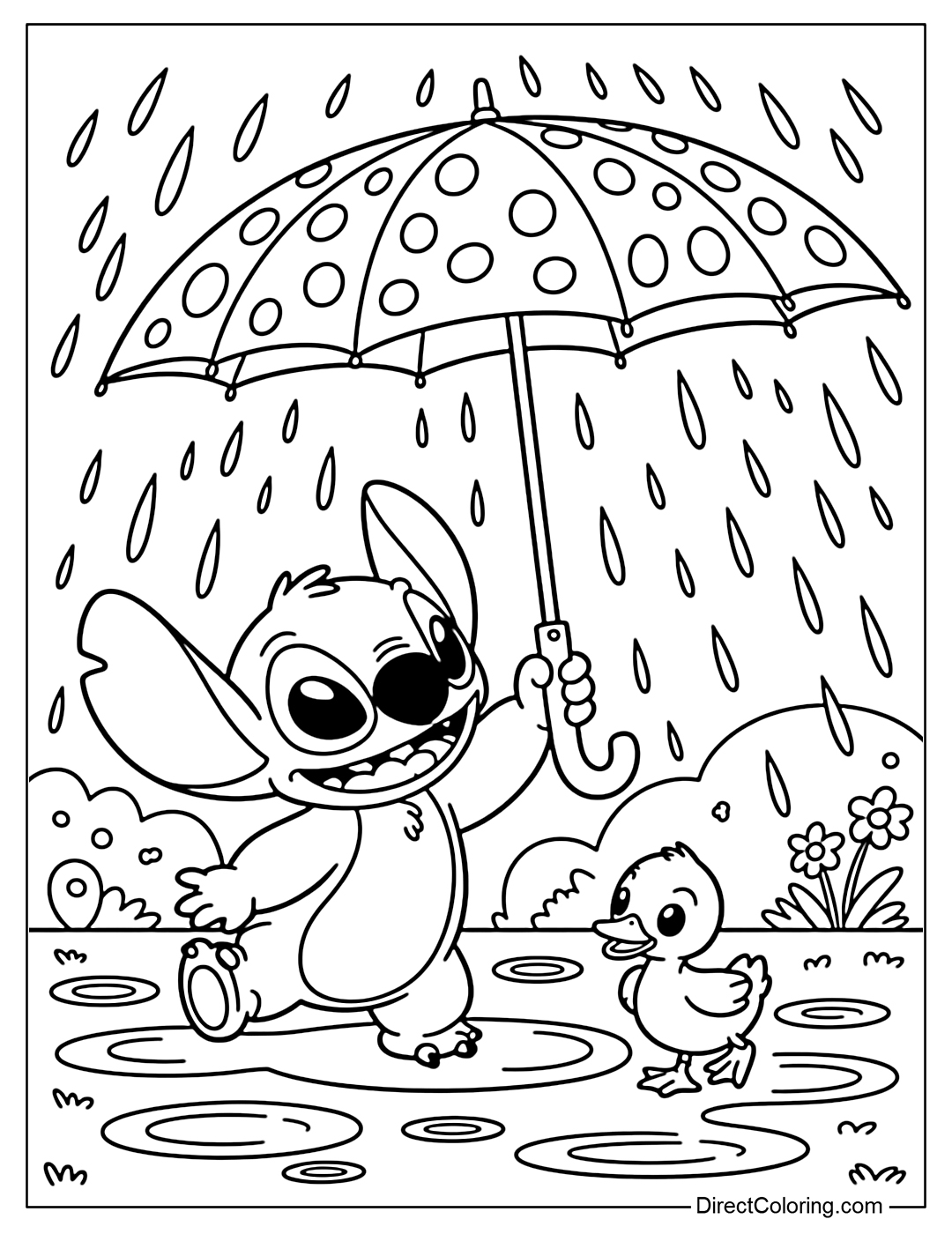 Stitch Coloring Page holds an umbrella in the light rain, puddles reflecting the sunlight, with a duckling walking beside him.