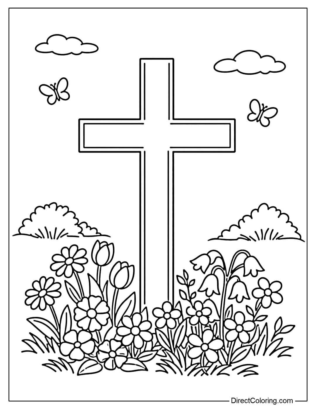 A cross coloring page standing amidst many small spring flowers growing around the base of the cross.