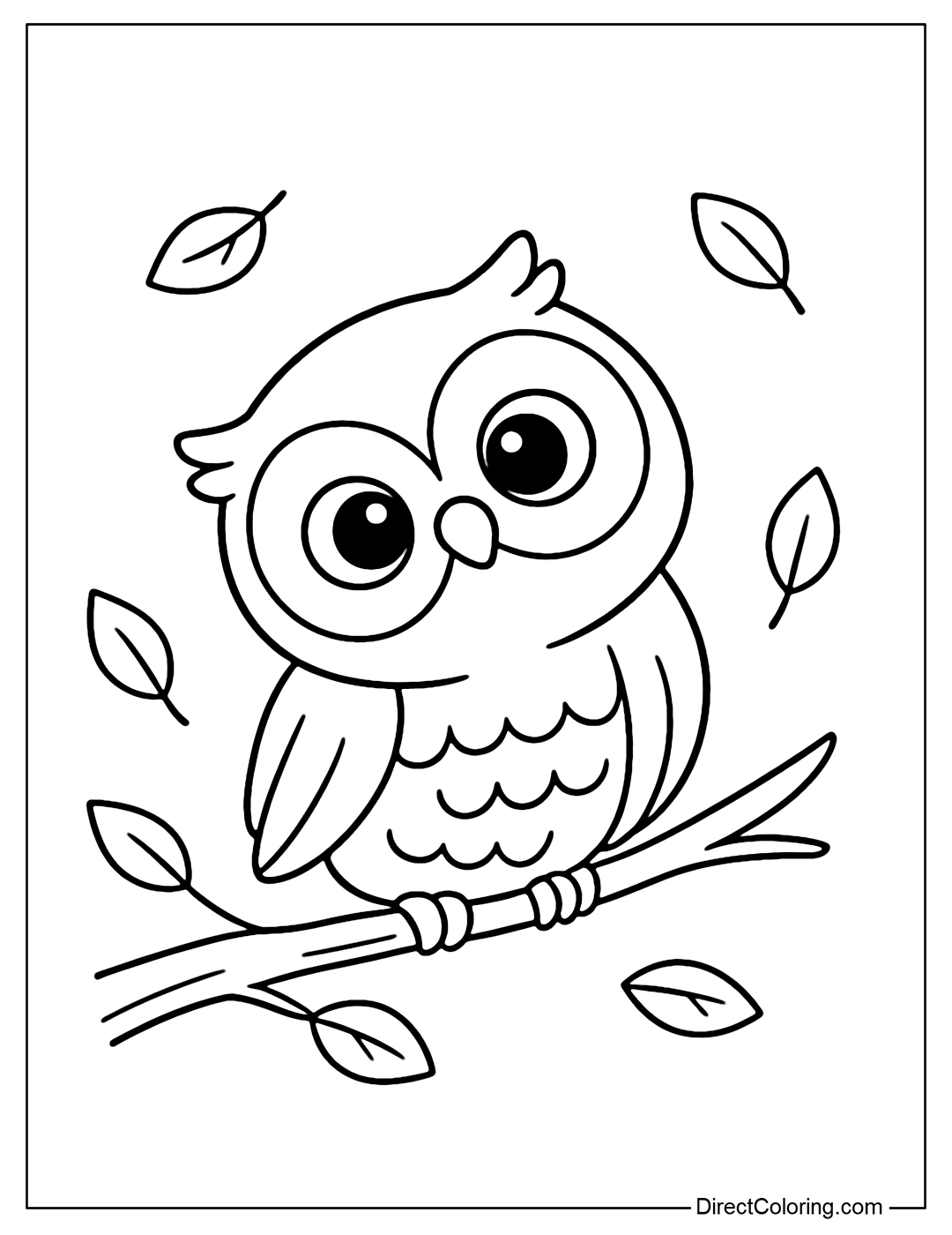 A coloring page of an owl tilting its head, its big round eyes full of curiosity, perched on a branch with a few fallen leaves.