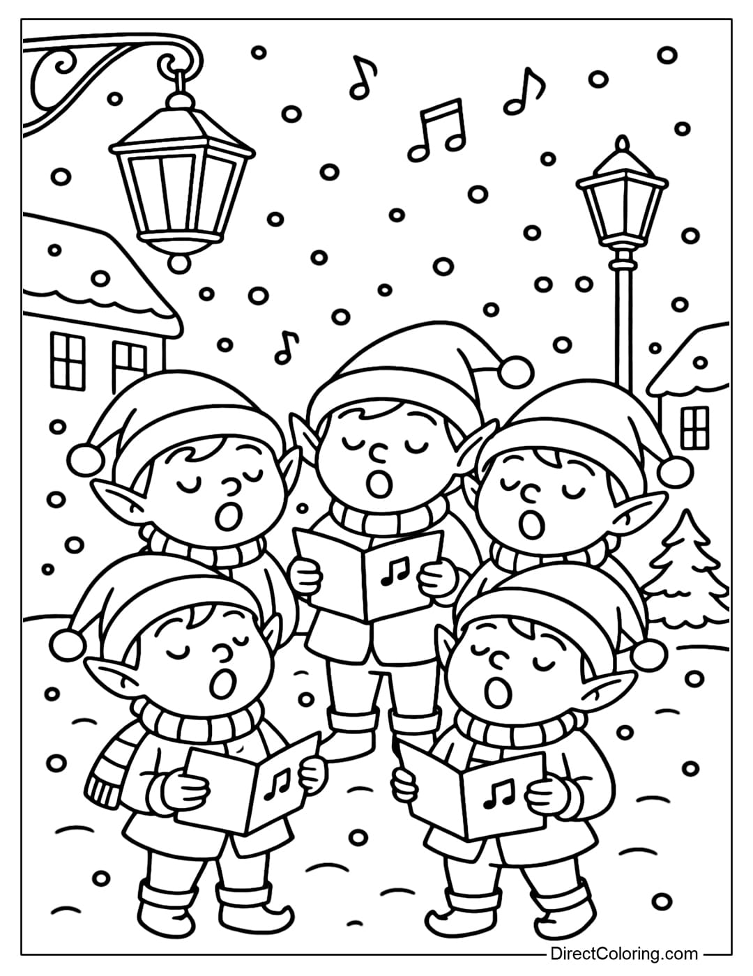 An elf group coloring page holding a songbook singing loudly in the snowy street, lanterns sparkling.