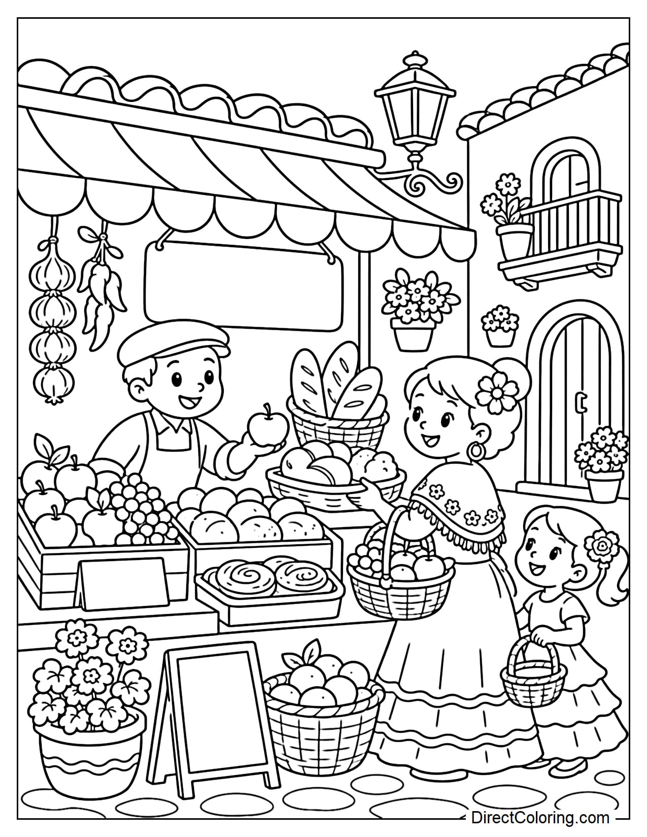 A traditional Spanish market with fruit stalls, pastries, and a few people happily shopping.