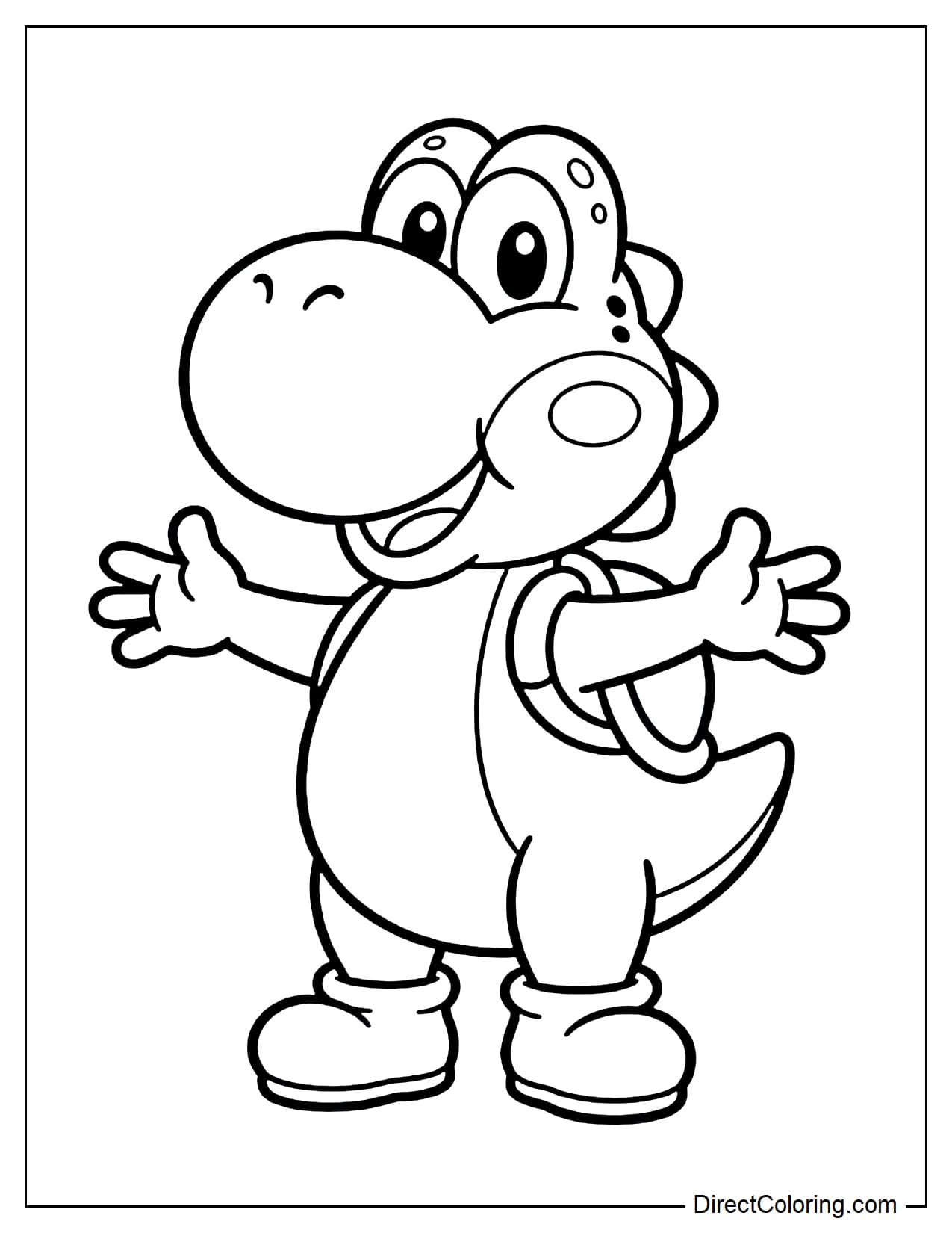 Yoshi stands in a cute pose with a friendly smile, with both arms slightly open to the sides.
