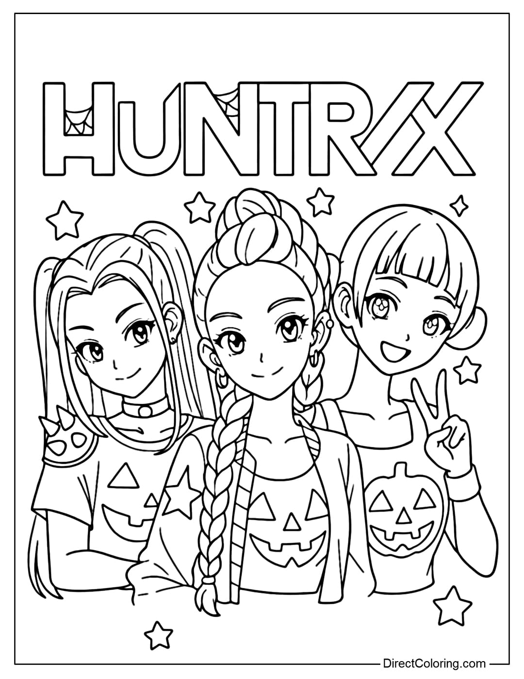 Coloring Page of Rumi, Zoey, and Mira from KPop Demon Hunters pose together in cute pumpkin outfits.