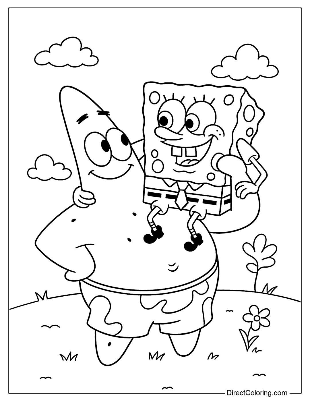 Coloring Page of Patrick Star joyfully holds SpongeBob SquarePants in his arms as they smile at each other in a sunny field, celebrating their unbreakable friendship.