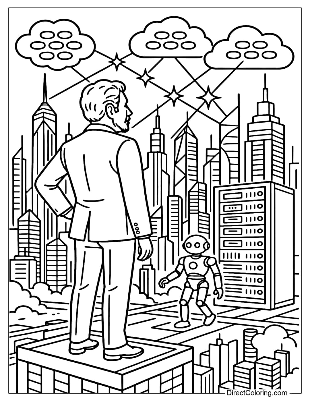 Larry Ellison Watching the City of the Future Coloring Page Larry Ellison coloring page looking out at a modern city with servers, robots, and clouds.