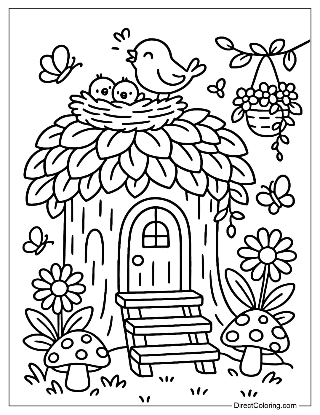 Birdhouse Stump Coloring Page A tree stump coloring page with a bird's nest on the roof, a little bird is chirping.
