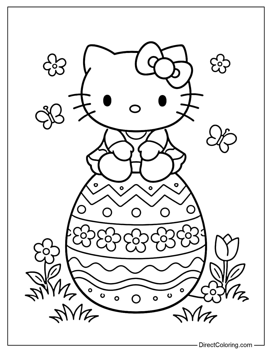 Hello Kitty is sitting on a large Easter egg, surrounded by grass and flowers.