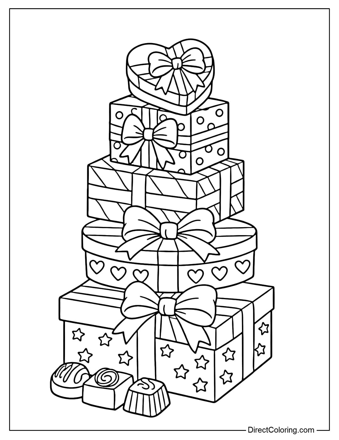 Coloring page of chocolate boxes stacked like a gift tower, each box with its own bow and design.