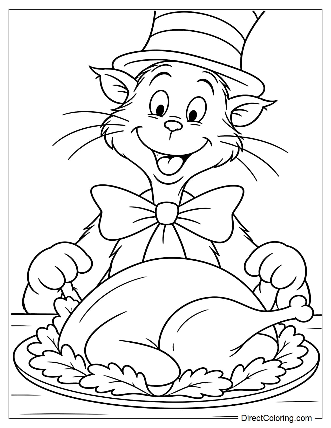 The Cat in the Hat sits at a Thanksgiving table with a cheerful, excited expression, with a large platter of Thanksgiving turkey placed in front of him.
