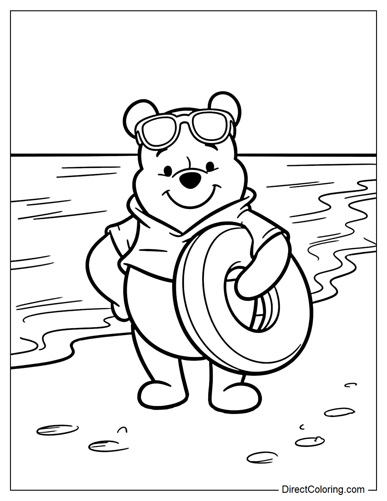 Winnie the Pooh is wearing sunglasses and standing on the sand, holding a large float ring, ready to go into the sea.