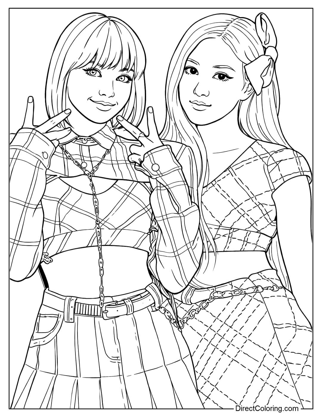Coloring page of two BLACKPINK members, Rosé and Lisa, in modern and stylish Y2K-style outfits.