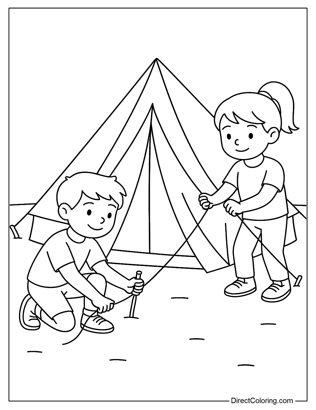 a coloring page of two children setting up a tent with ropes and tent stakes