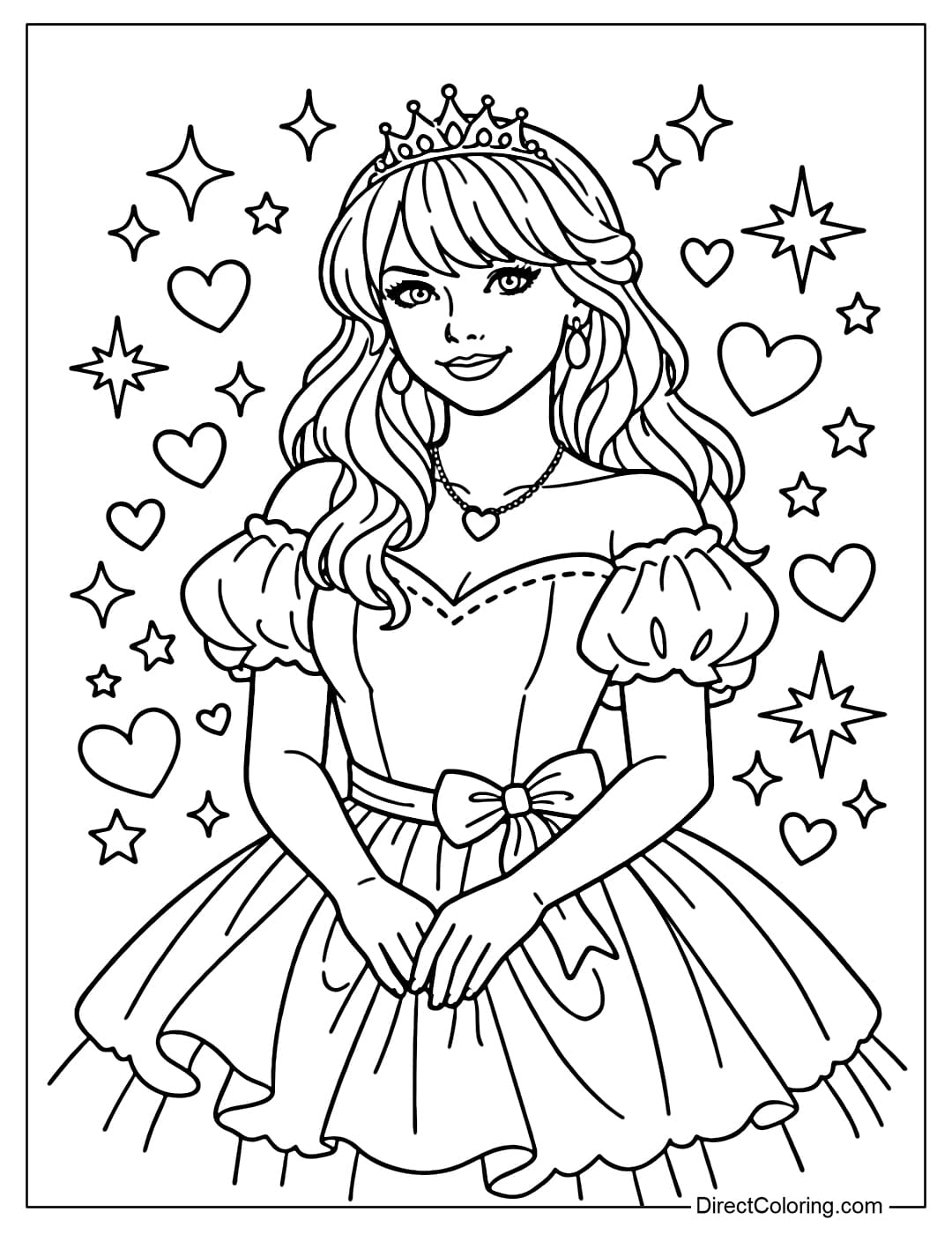 A coloring page featuring Taylor Swift as a princess, wearing a light, flowing dress and a small crown. Surrounded by stars and hearts.