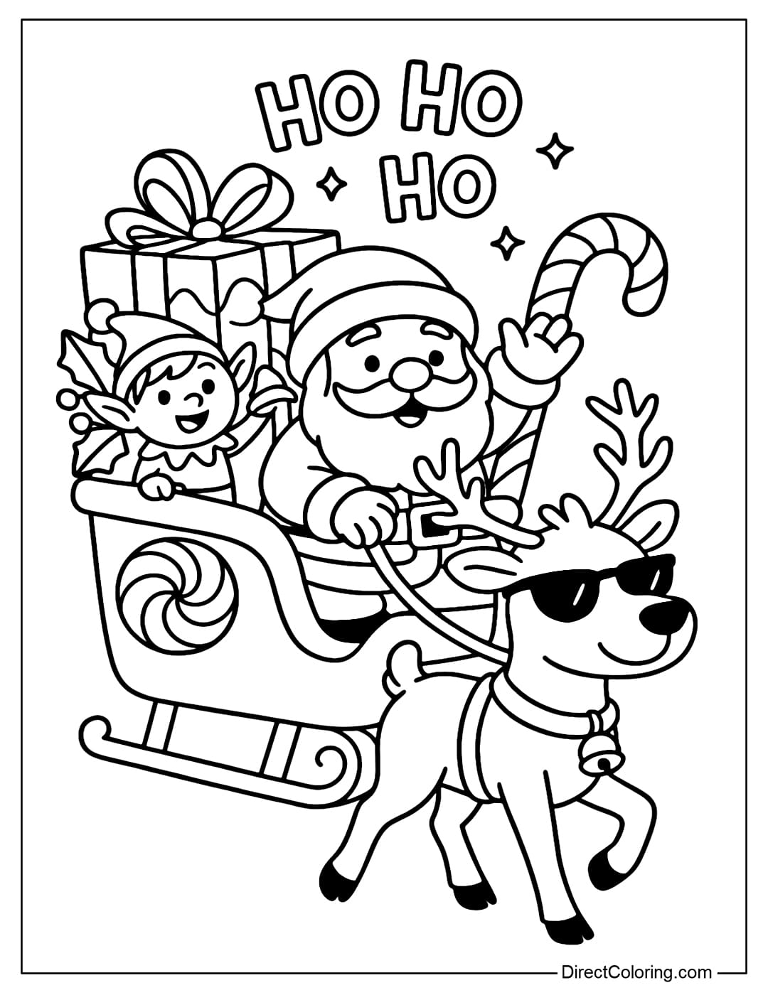 Coloring page A reindeer wearing sunglasses pulling a sleigh with gifts, Santa Claus and a little elf waving Ho Ho Ho.
