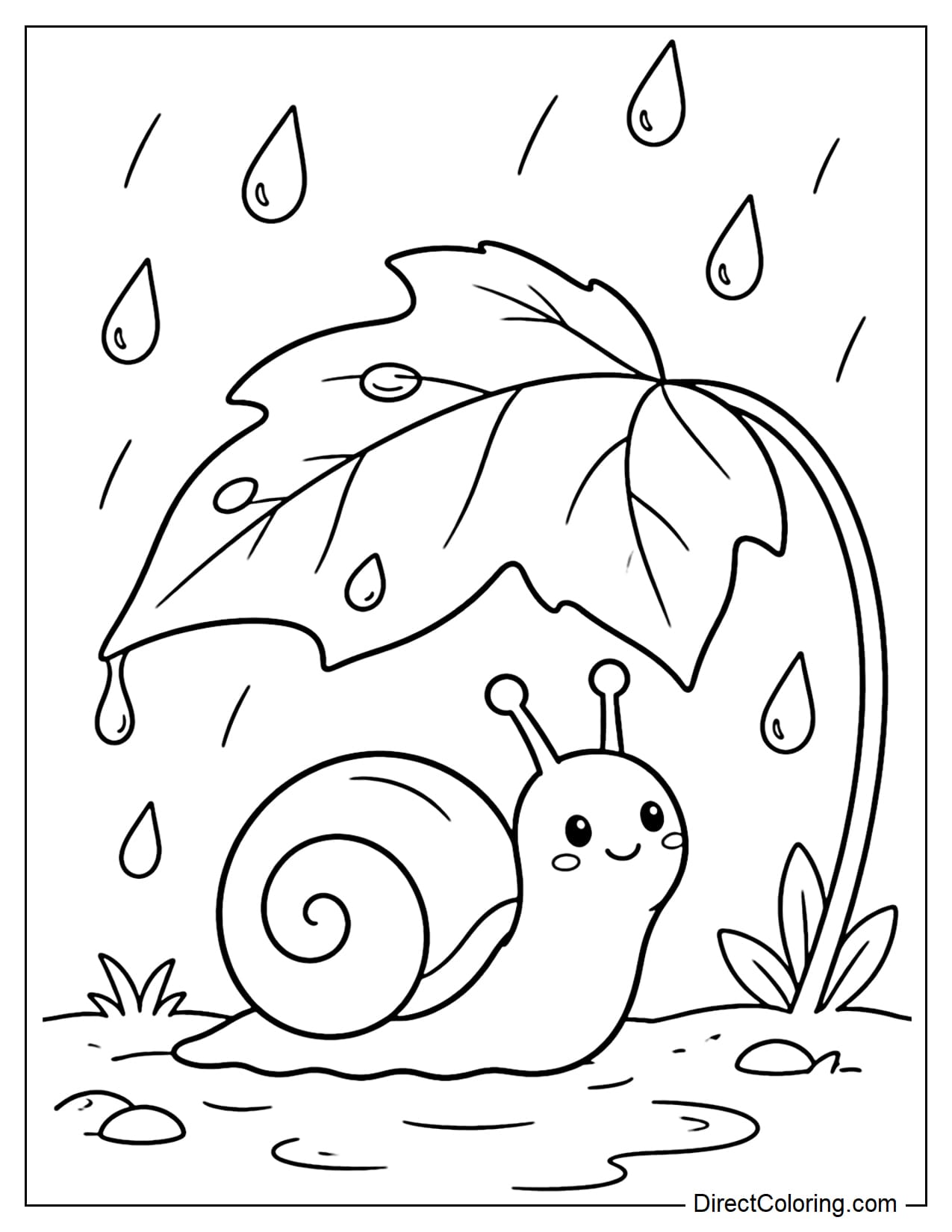 A small snail standing beneath a large autumn leaf used like an umbrella, with a few large raindrops falling above.