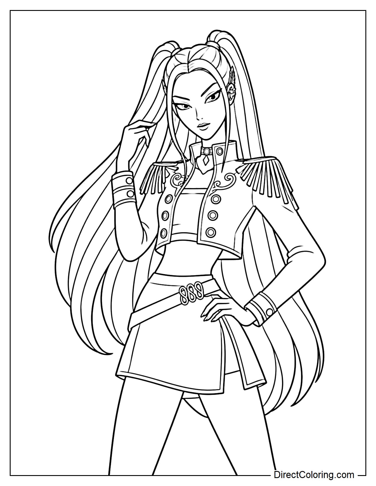 Mira slightly tilts her head while raising one hand to adjust the long hair beside her face. Her other hand rests gently on her hip.