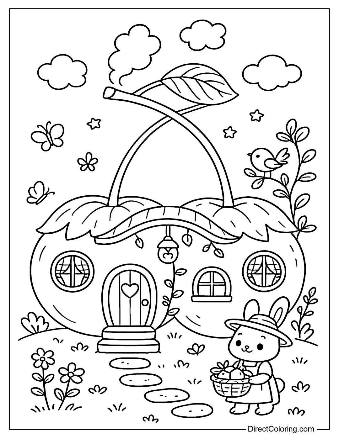 Twin house coloring page made of two cherries connected by a curved roof and a small bridge.