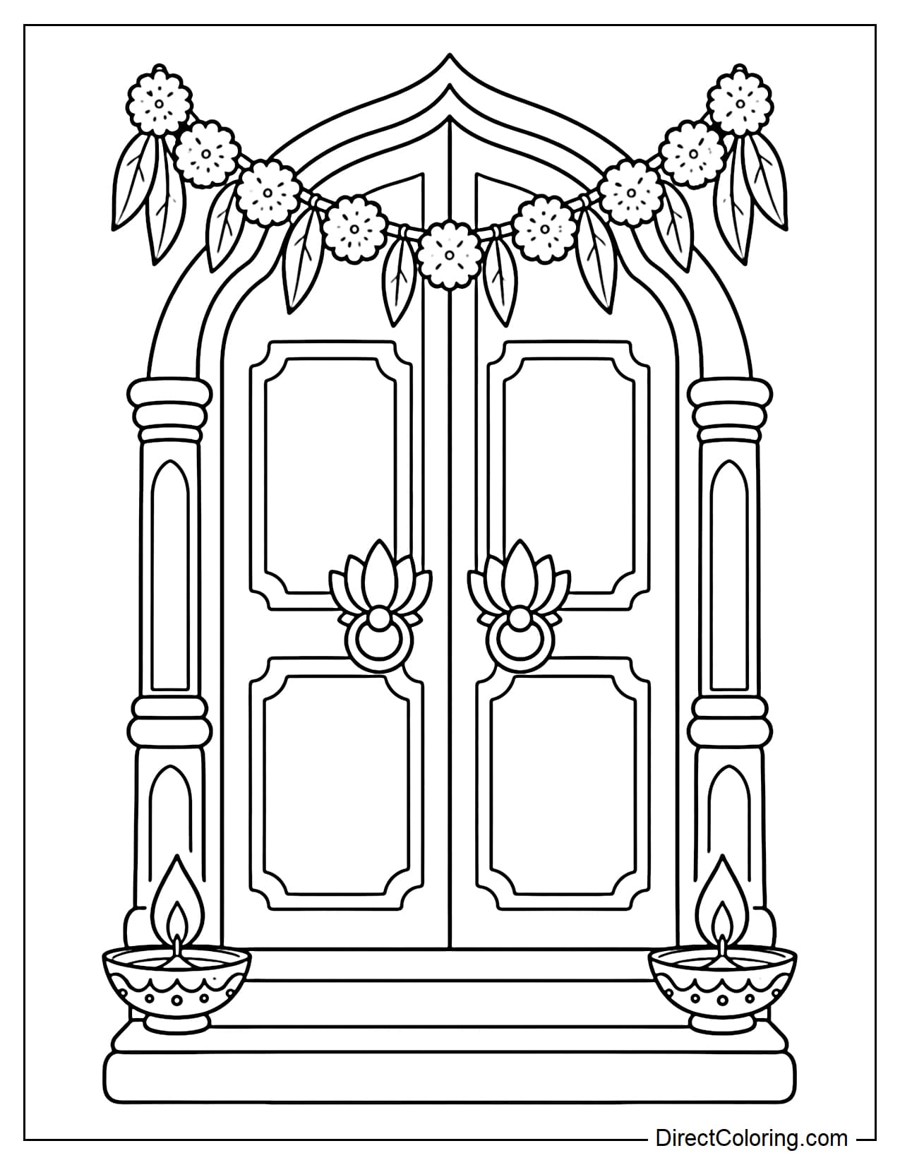 An arched Indian wooden doorway decorated with a toran garland made of marigolds and mango leaves. The doors have lotus-shaped handles, and two large diya lamps sit on the doorstep.