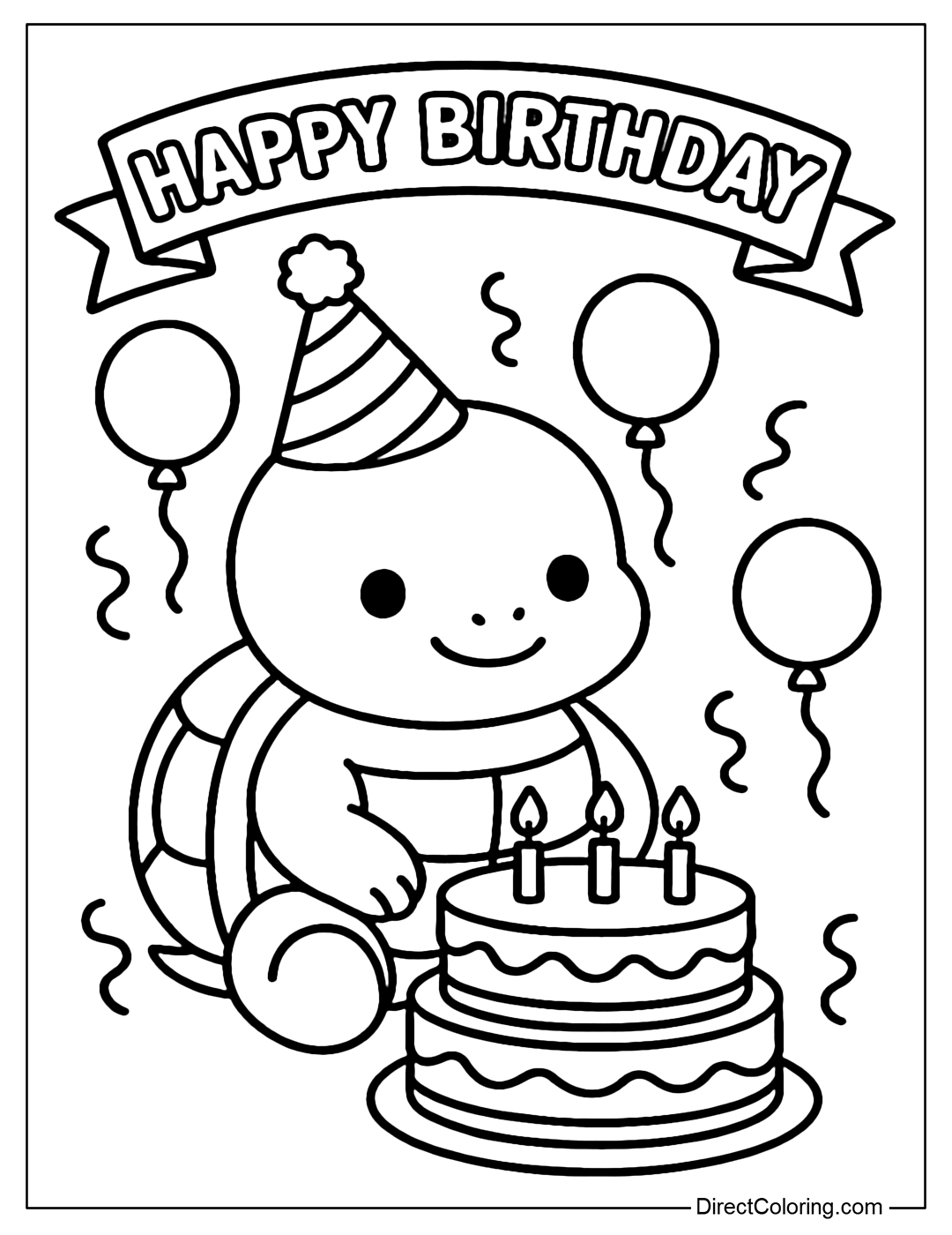 Coloring page of a turtle wearing a birthday hat, sitting in front of a multi-tiered cake, surrounded by balloons, ribbons, and a Happy Birthday sign.