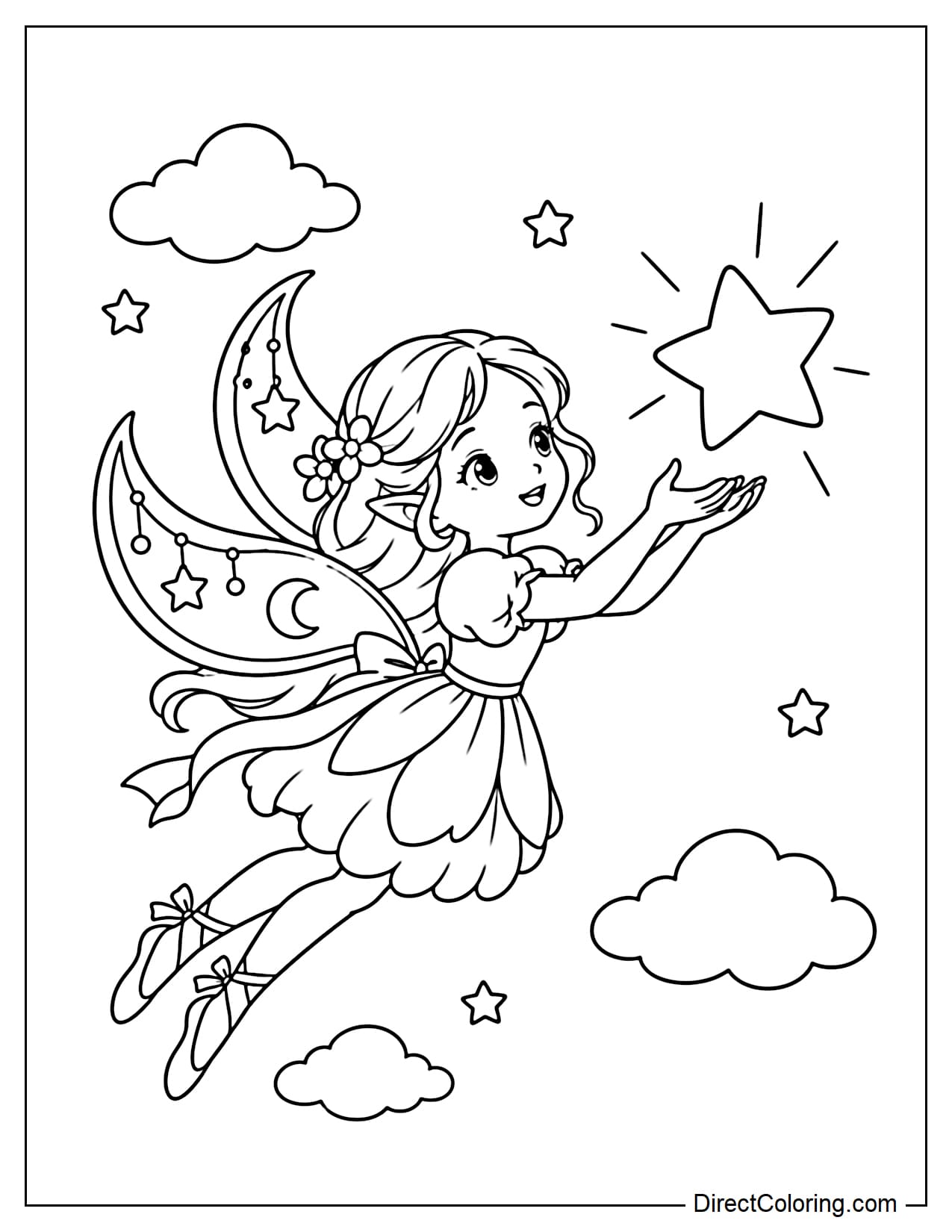 A fairy with crescent moon-shaped wings is reaching out with both hands to catch a large star in front of her while flying gently through the air. A few clouds and small stars surround her.