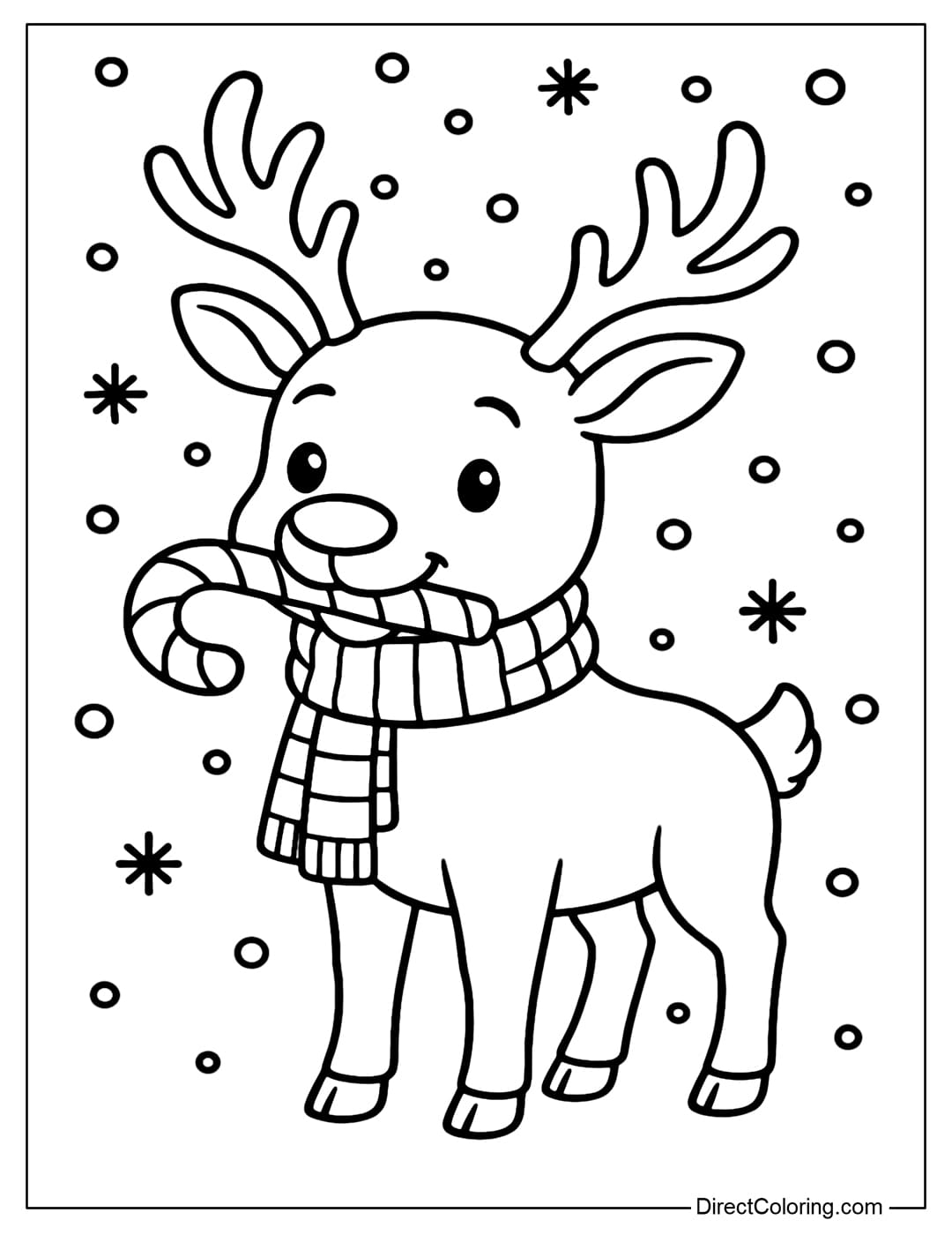 Reindeer with Candy Cane Coloring Page A coloring page of a reindeer holding a candy cane, wearing a striped scarf, standing in the middle of falling snowflakes.