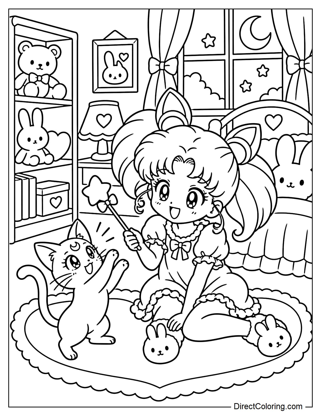 Chibiusa Tsukino sits on a heart-shaped rug in her bedroom, happily playing with her kitten, Diana. Behind her are a small bed with a bunny-shaped pillow, a toy shelf holding a few stuffed animals, and a window with curtains.