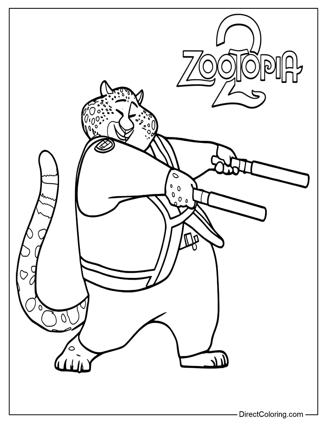A coloring page of Benjamin Clawhauser with a sturdy stance and a baton in his hand.