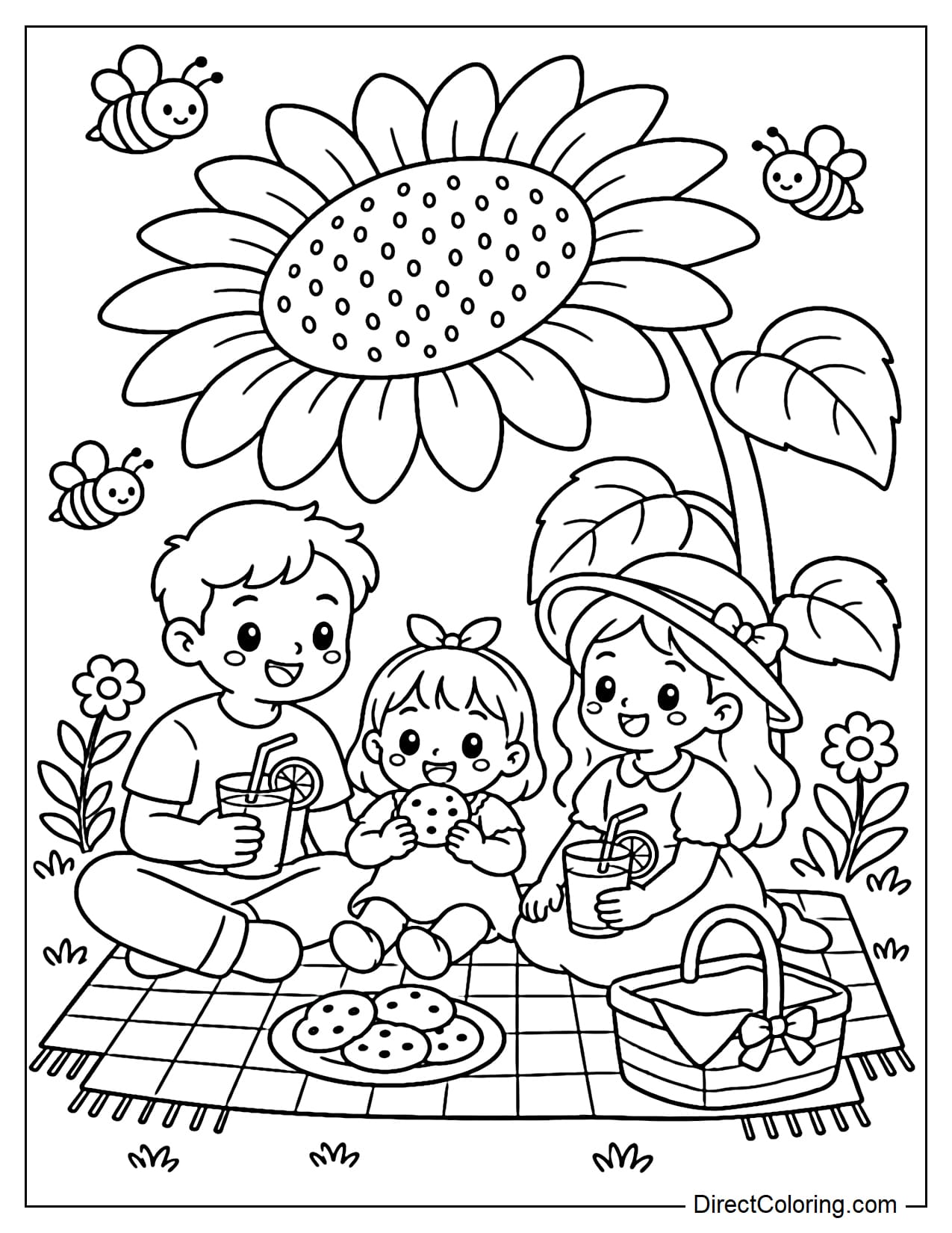 A family of three is picnicking under a giant sunflower that acts as a natural sun umbrella, with cookies, a glass of juice, and some little bees around them.