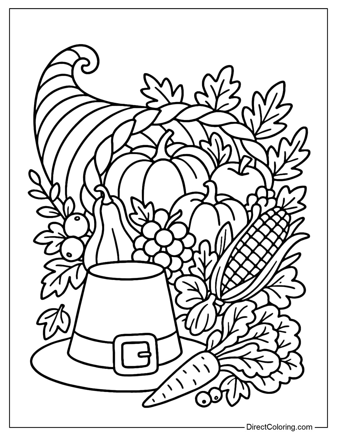 Coloring page of a Pilgrim hat next to a cornucopia filled with fruits, vegetables, and corn.