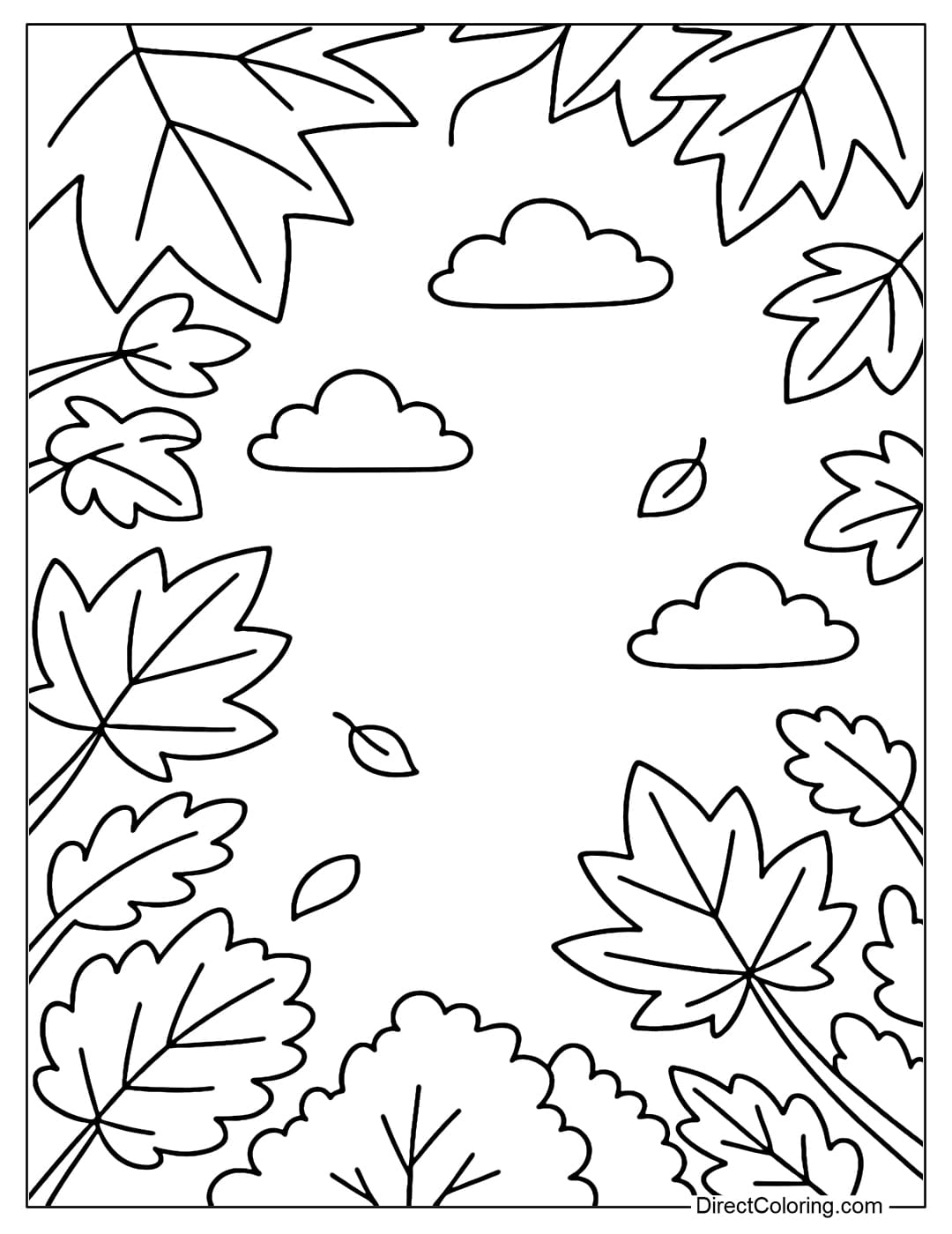 Coloring page from under the autumn tree canopy looking up, large red and yellow leaves close to the eyes, a few leaves falling gently.
