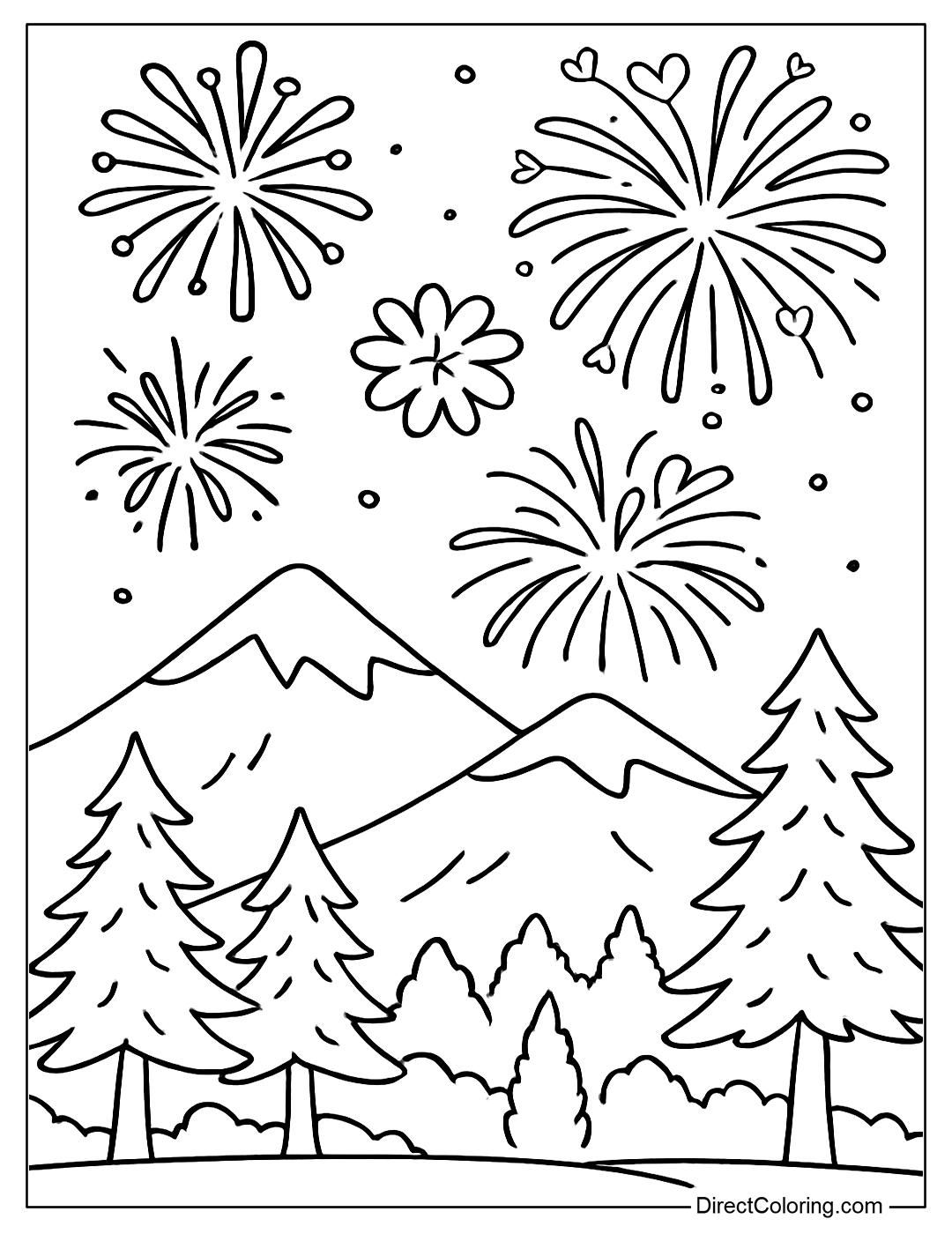 Coloring page of distant mountains with fireworks exploding in the sky, with a few trees in the foreground.