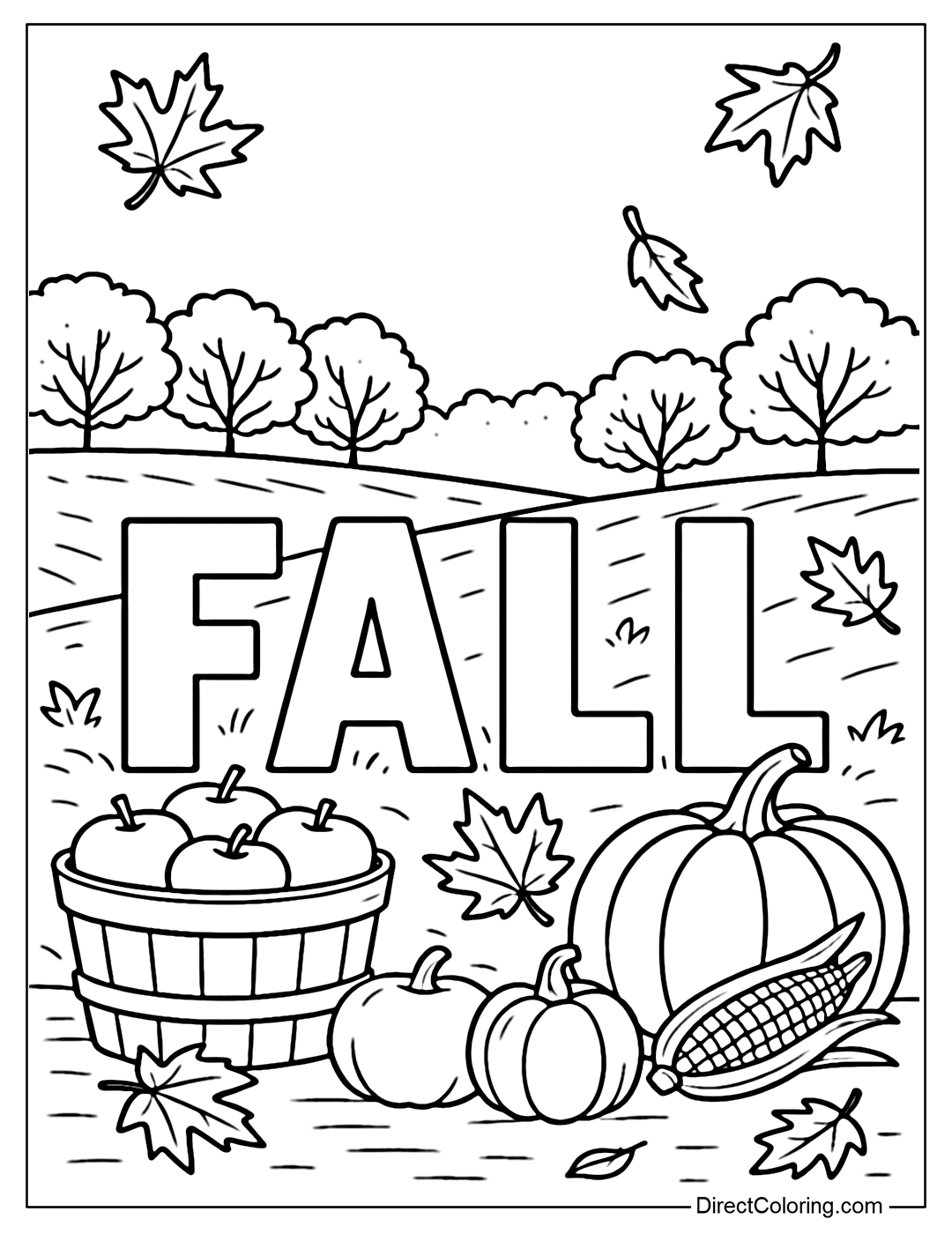 Coloring page of large FALL letters placed in an autumn field; surrounded by baskets of apples, pumpkins, corn, some fallen maple leaves; in the distance there are rows of trees with red and yellow leaves.