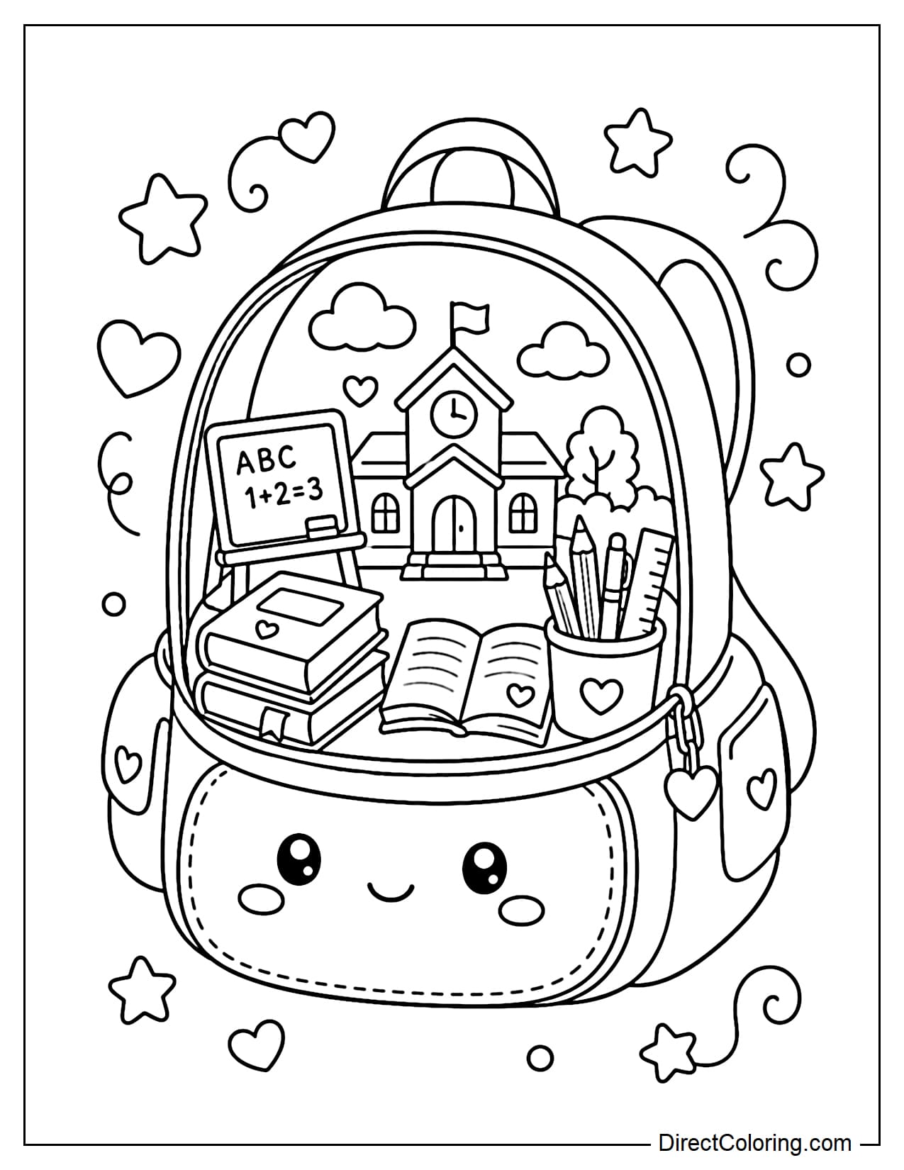 A cute backpack opens slightly, revealing a miniature school world inside with books, pencils, a whiteboard, and a mini school.