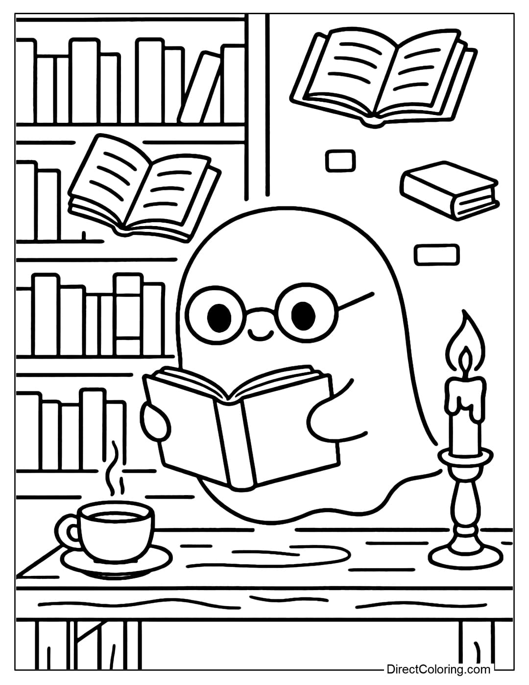 Ancient library coloring page lit by candlelight, ghost wearing reading glasses, books floating in the air, a cup of tea on a wooden table.