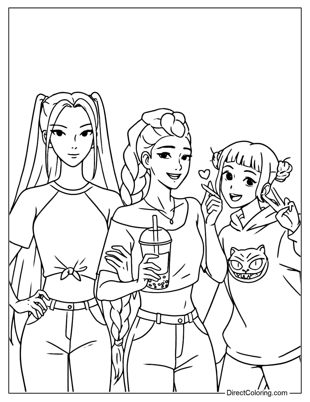 Kpop Demon Hunters Rumi, Zoey, and Mira coloring page is posing for a photo together.