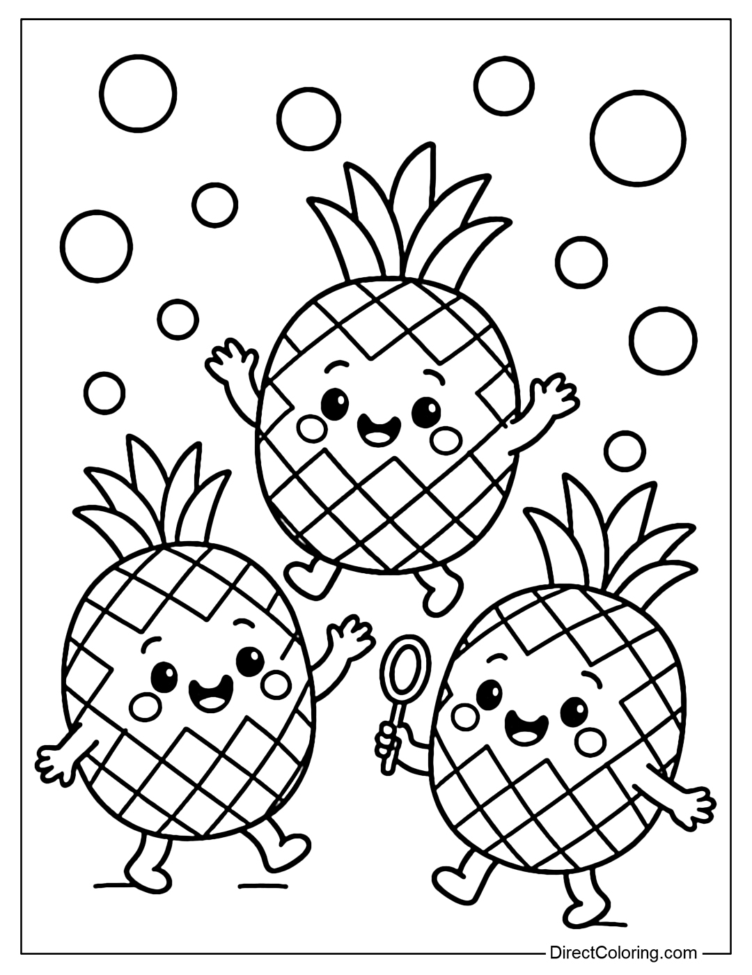 A 3-baby pineapple coloring page that is playing with bubbles.