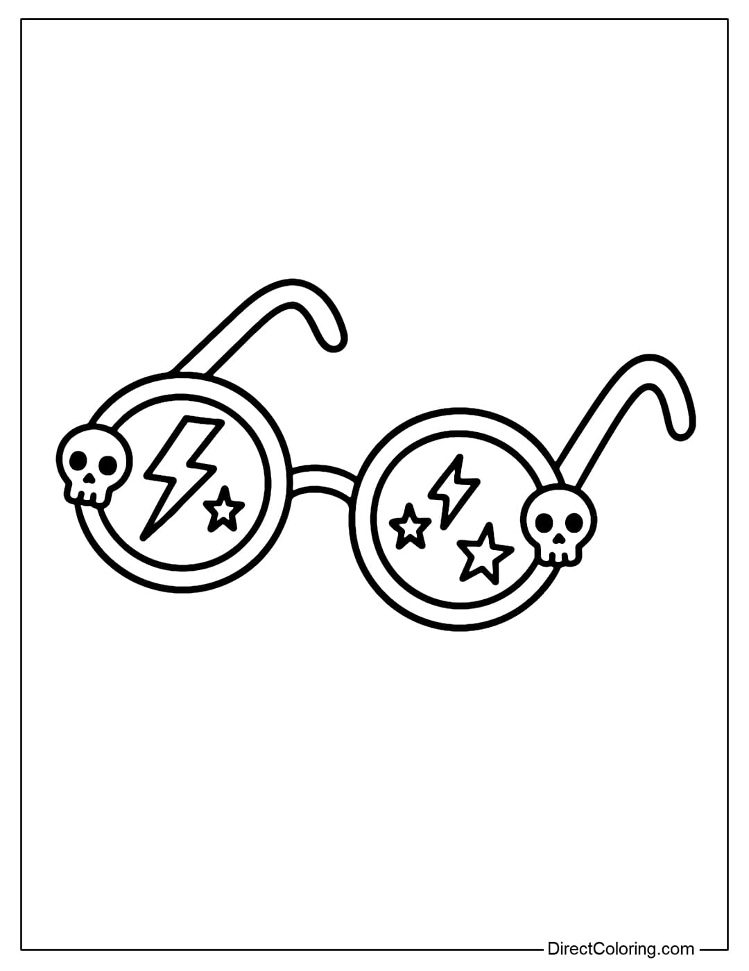 Coloring page for round-frame sunglasses with small skulls on both sides and lightning and star motifs on the lenses.