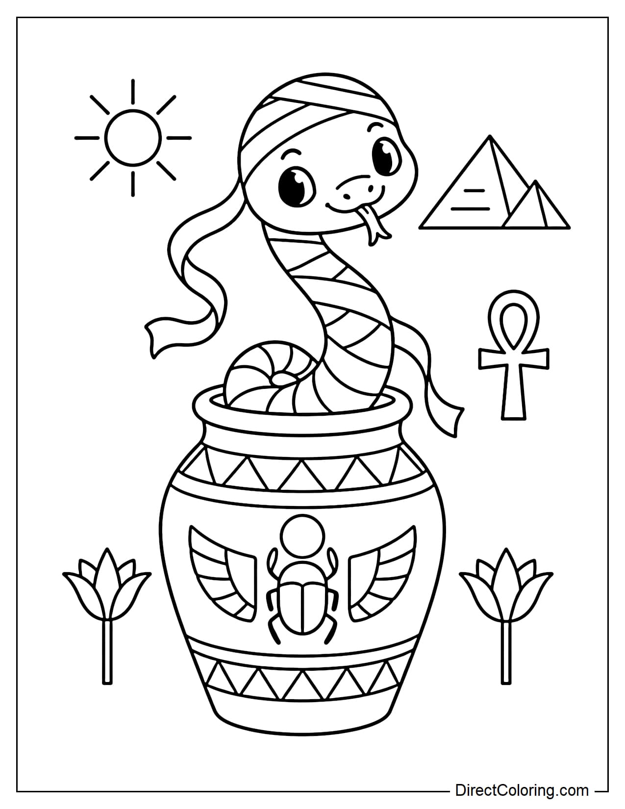 A snake wrapped in mummy bandages is popping out of an ancient Egyptian jar.